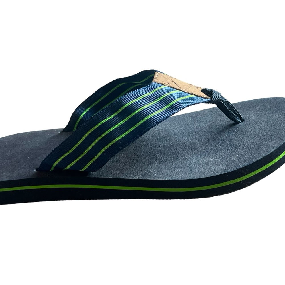 Navy Blue And Green Stripe Ribbon Flip Flop Sandals